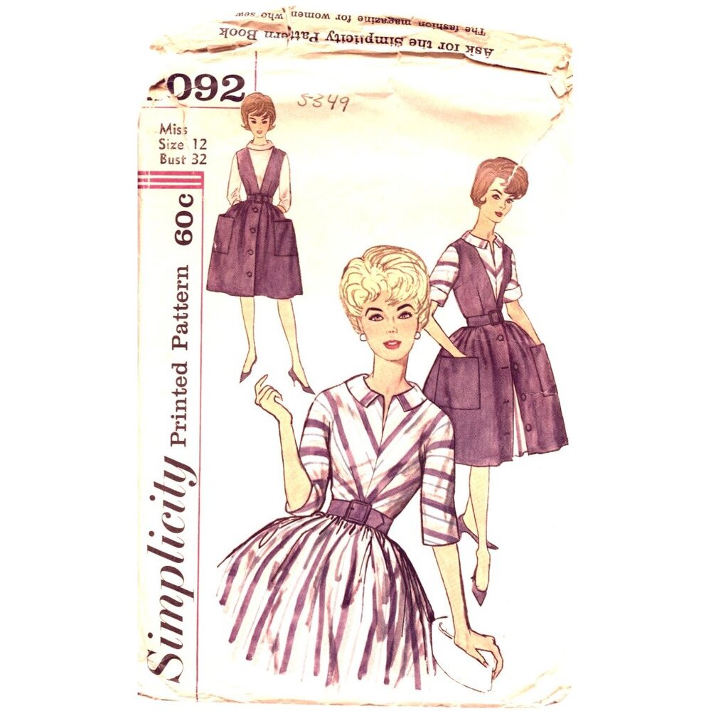 Vintage Simplicity 1960s Sewing Pattern 4092 Dress & Jumper Misses Size 12